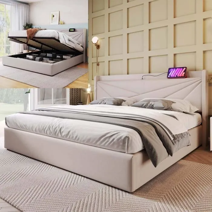 ModernLuxe Lit coffre 160x200cm - lit adulte avec port USB + sommier à lattes + tissu en lin - beige-0