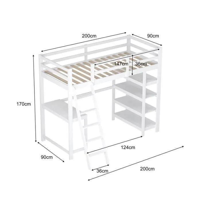 Lit mezzanine 90x200cm - lit enfant avec sommier à lattes, bureau, étagères de rangement, échelle inclinée - Blanc-3