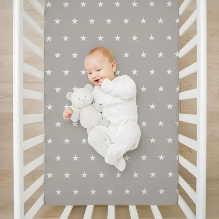 Ensemble drap housse poussette couffin - 2 x housse + protège matelas 120 x 60 cm étoiles blanc gris-3