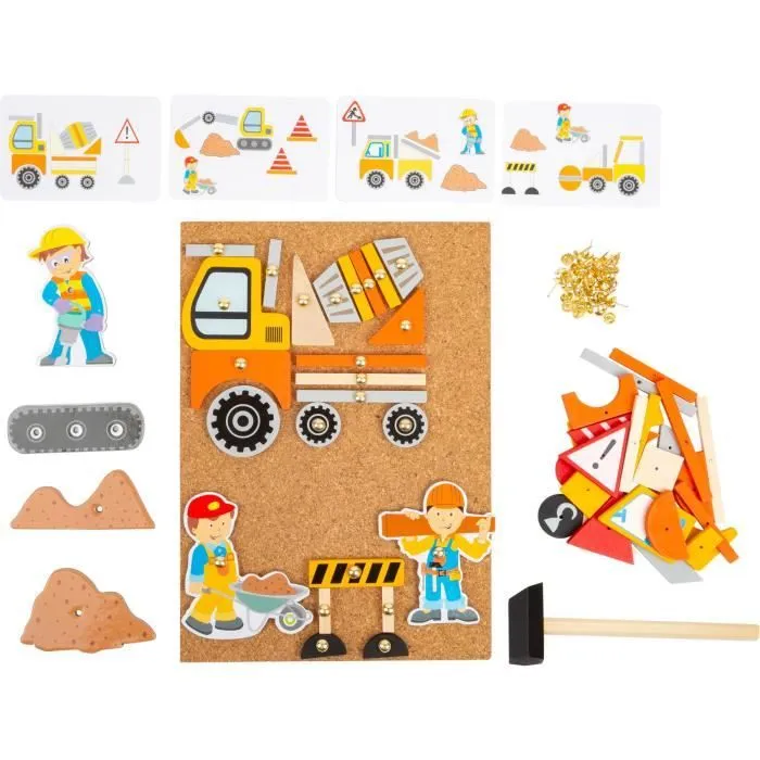 Jeu de clous - SMALL FOOT - Chantier - 149 pièces - Plaque de liège et motifs de chantiers-1