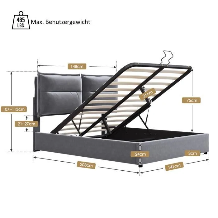 Lit coffre adulte 140x200cm, Lit fonctionnel hydraulique avec tête de lit réglable, sommier à lattes en métal, en velours, girs-2