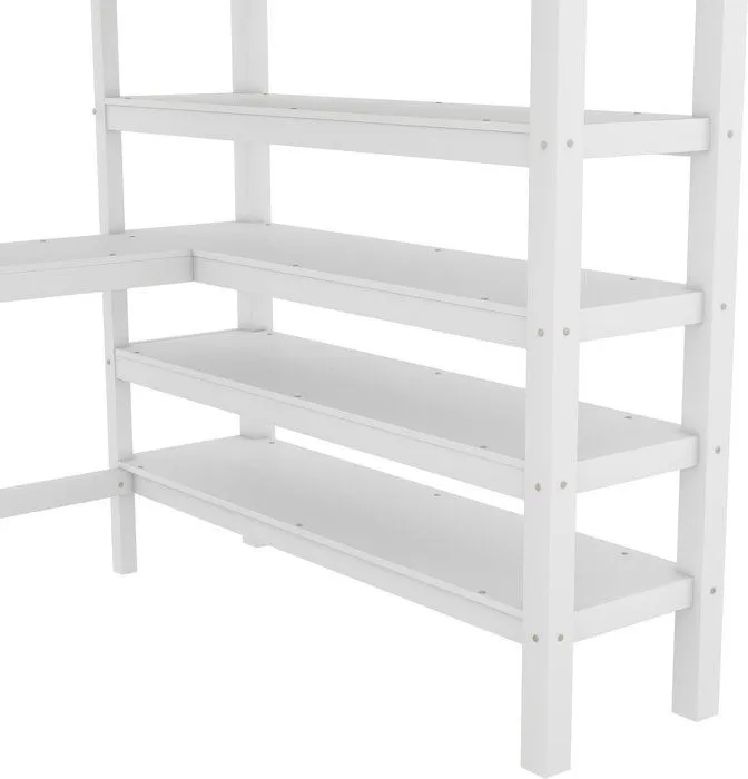 Lit mezzanine - Blanc - 140 x 200 cm - Bureau intégré - Structure en pin et MDF - 2 places-3