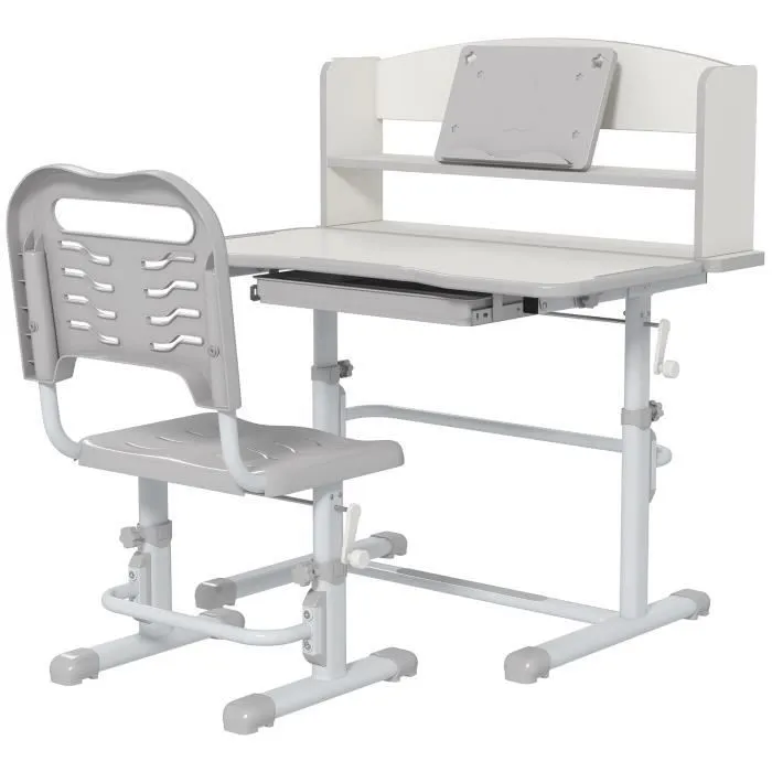 Bureau enfant avec chaise - ensemble bureau et chaise réglable - support lecture, tablette, étagère - gris blanc