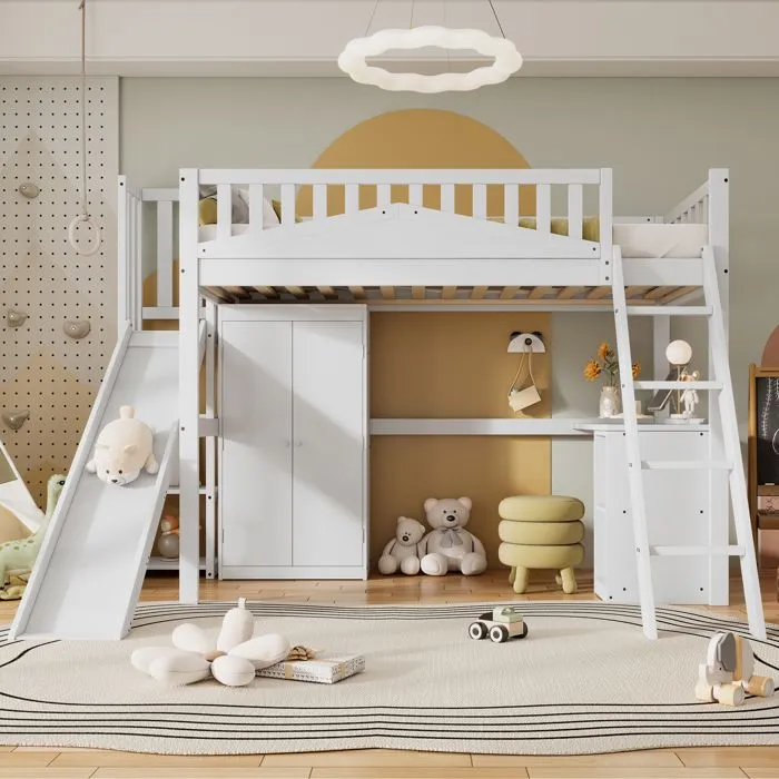 Lit mezzanine - Enfant - 90x200cm - Blanc - Toboggan - Bureau et armoire intégrés-1