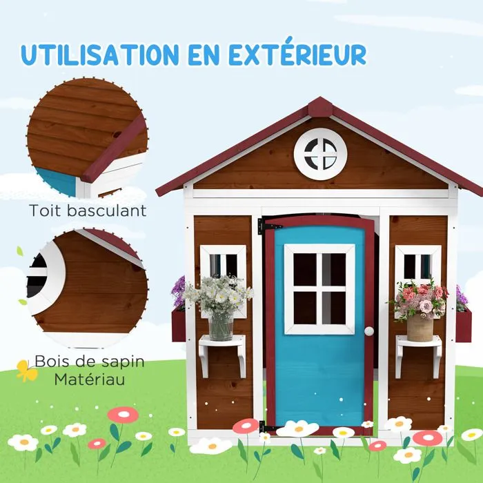 Cabane enfant extérieur - Outsunny - avec porte fenêtres et jardinières - 114 x 126,4 x 135 cm - Marron-5