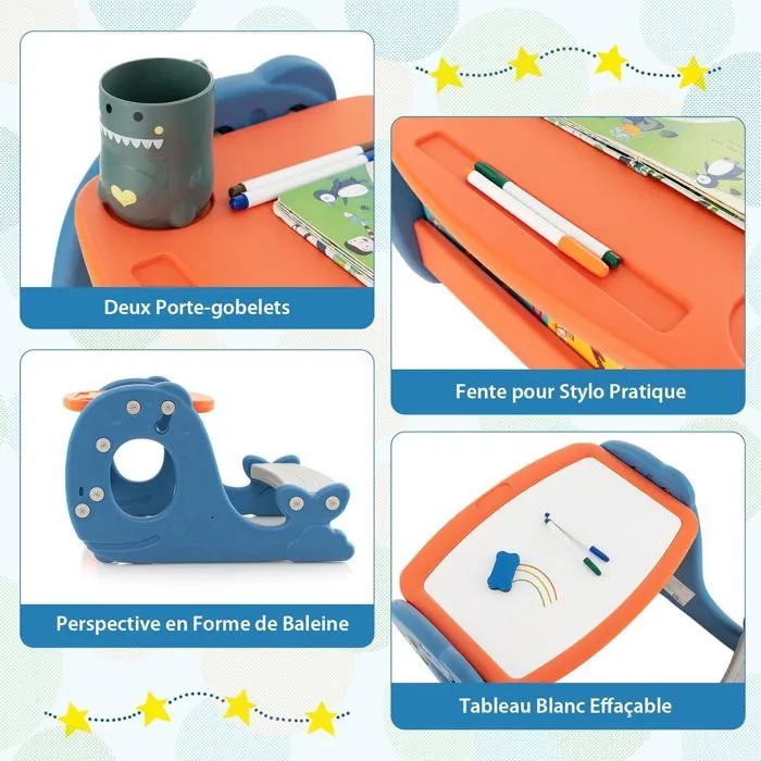COSTWAY Tableau de Dessin 4 en 1 (Table à Manger-d'Etude, Bibliothèque à l'Arrière) Angle Ajustable 30°, 1-5 Ans,Forme Baleine-4