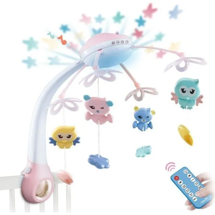 Mobile Musical 3-en-1 pour Lit Bébé Télécommandé - SURENHAP - Rose - 500 berceuses - Projection de Lumières-0