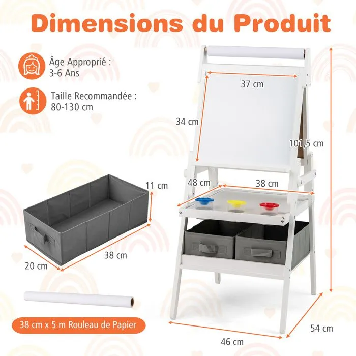COSTWAY Chevalet d'Art 3 en 1 -Tableau Noir & Blanc Magnétique,Rouleau de Papier & 2 Bacs en Tissu pour Enfants 3-6 Ans Blanc-3