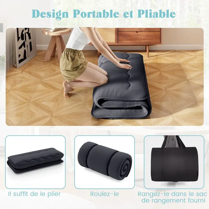COSTWAY Matelas Futon 140 x 200 CM, Surmatelas Amovible Lavable, Matelas de Sol Portable avec Sac de Transport pour Camping, Noir-3