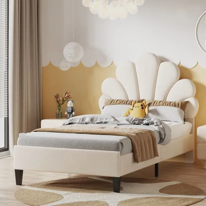Lit simple scandinave 90x200 cm Lit rembourré avec tête de lit en forme de fleur et sommier à lattes, en velours, beige-1