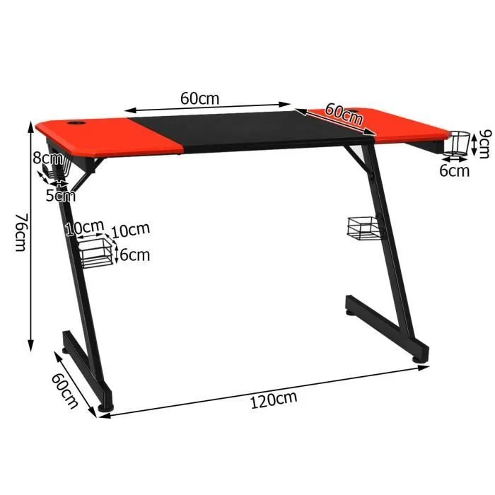 COSTWAY Bureau Gamer Bureau de Jeu 120X60X76CM en Fibre de Carbone avec Porte-gobelet,Crochet pour Ecouteurs et Supports Audio-3
