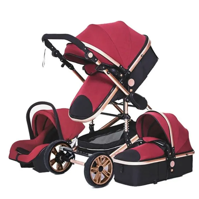 Poussette 3 en 1 Bébé Combinée Siège-Auto Nacelle Réversible Réglable Haute Qualité Roues increvables Canne rouge.bazarland30-0