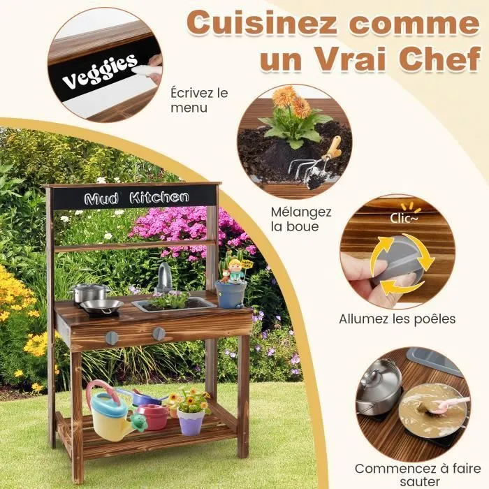 Cuisine Enfant Extérieure en Bois de Sapin - COSTWAY - 2 Accessoires - Robinet et évier réalistes-1