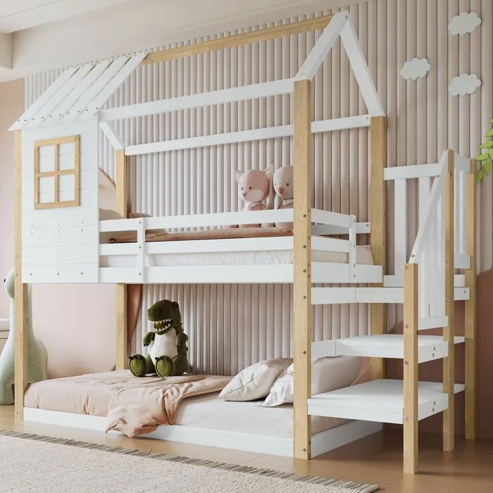 Lit superposé - Enfant - 90x200cm - Blanc + Naturel - Design avec fenêtre - Escalier d'angle-1