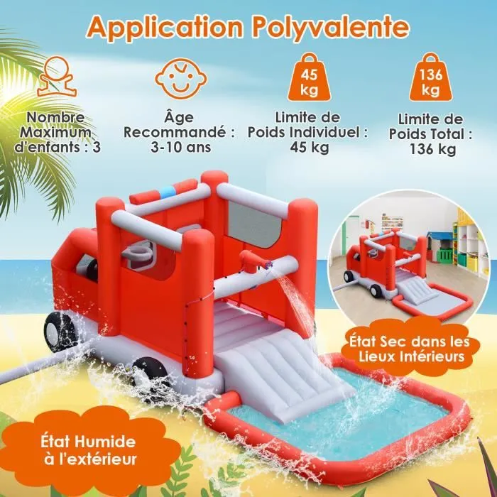 COSTWAY Toboggan Aquatique Gonflable avec Gonfleur 480W Piscine à Eclaboussures sur Thème Voiture de Pompiers Ballon de Basket-3