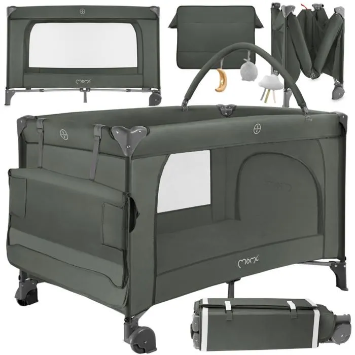 MoMi BELOVE PLUS Lit de Voyage Bébé  - Lit parapluie Bébé - Jusqu'à 15 kg - Arche à jouets | Matelas | Table à langer | Sac – Vert-0