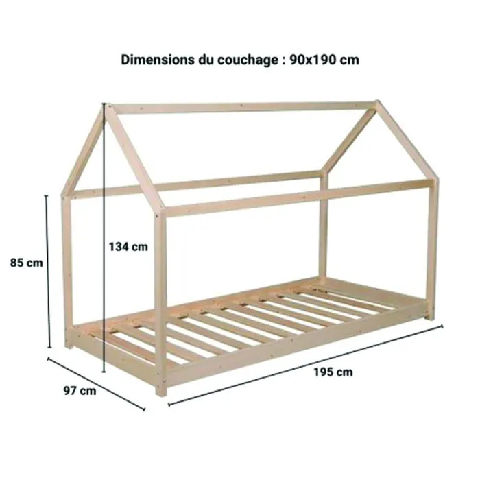 Lit cabane - WEBER INDUSTRIES - Panda - Barrière de lit amovible - Sommier inclus - Bois massif-4