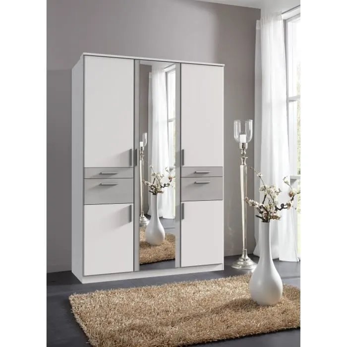 Armoire Décor Blanc & Gris béton - 5 portes battantes - Miroir - 4 tiroirs - L135 x P58 x H199 cm - VOLOS-1