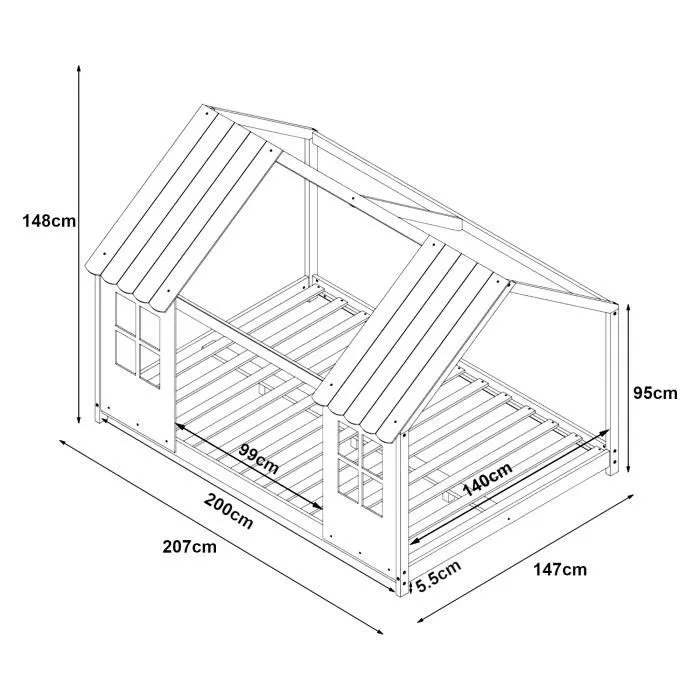 Lit cabane Tostedt pour enfant forme maison bois de pin 140 x 200 cm blanc [en.casa]-2