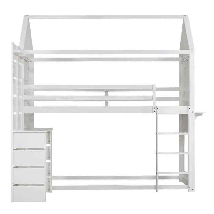 Lit superposé 90x200cm - lit cabane enfant avec 1x sommier à lattes et table, étagère ouverte, 2 fenêtres - pin+MDF, blanc-2