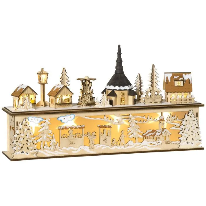 HOMCOM Village de Noël Lumineux en Bois Décoration de Noël Maison Miniature sur Table avec 10 LED Blanc Chaud - 45 x 10 x 25 cm-0