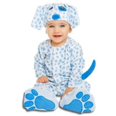 Déguisement chiot bébé pelucheux bicolore avec queue bleue amovible et cagoule gueule de dalmatien-0