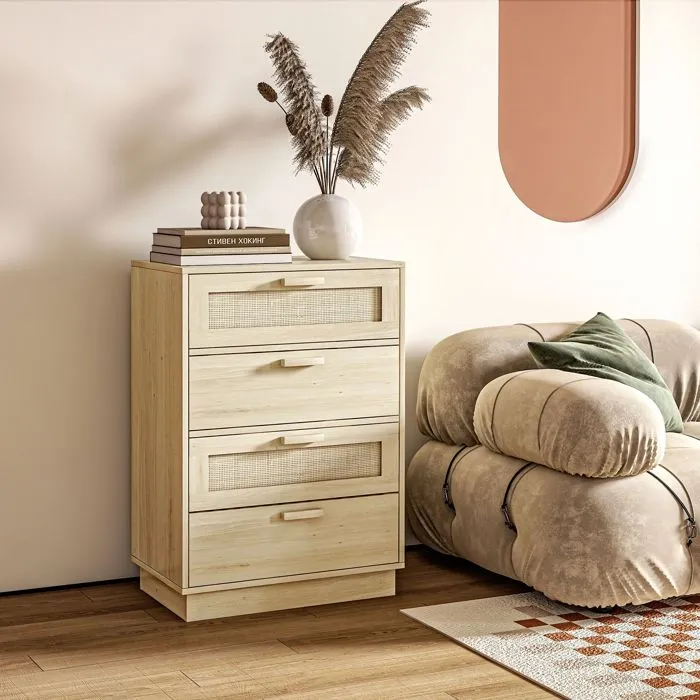Commode design bohème en rotin - HOMCOM - 4 tiroirs - meuble de rangement - bois naturel-1