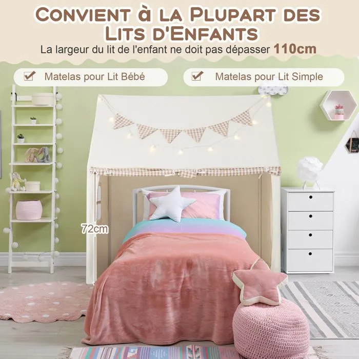 Tente de Jeu Enfants COSTWAY-Tapis Rembourré-Guirlandes Lumineuses Étoiles-Bannière de Fanions-pour 3-8 ans-125 x 100 x 127 cm-Beige-3