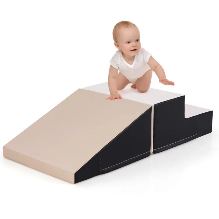 2PCS Module Motricité Bébé en Mousse COSTWAY-Bloc de Construction Housse PU Imperméable & Amovible-Attache Auto-aggrippant-Gris-0