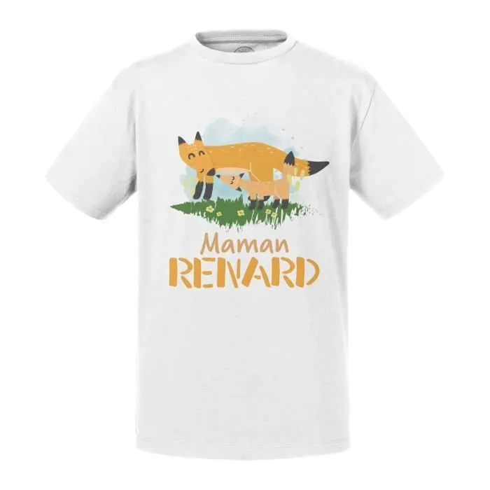 T-shirt Enfant Blanc Maman Renard et son Bébé Renard Dessin Illustration-0