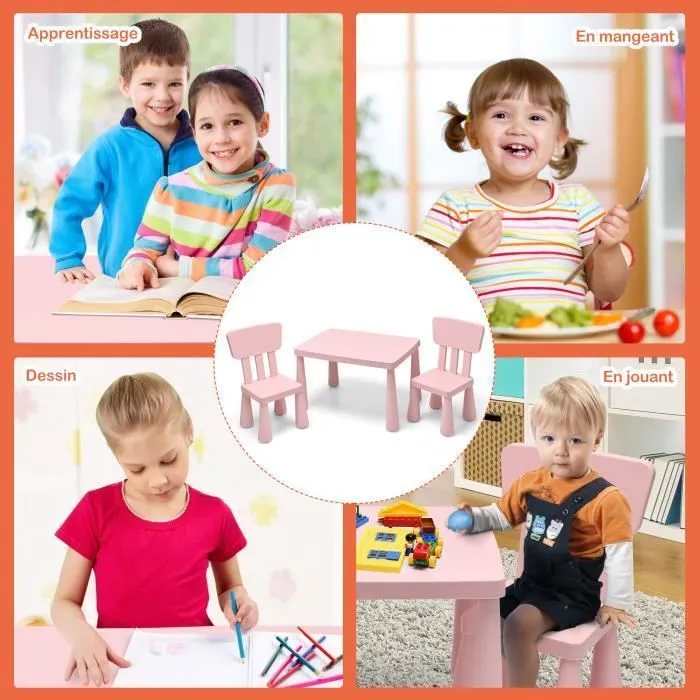 COSTWAY Table avec 2 Chaises pour Enfants 1-7 Ans, Dossier Ergonomique Hauteur Scientifique pour Manger Dessiner Écrire, Rose-1