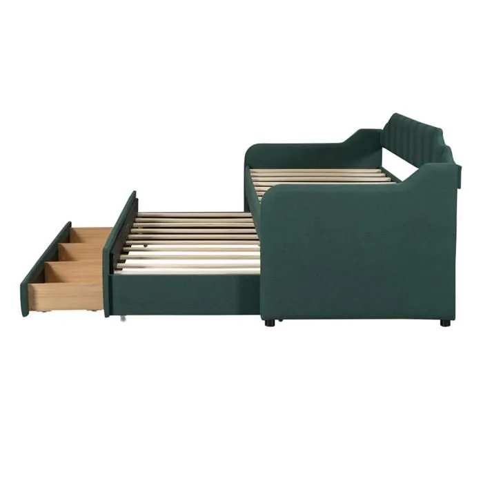 Lit de jour - Moderne - 90 x 200 cm - Vert - Lit gigogne avec tiroirs - 4 places-4