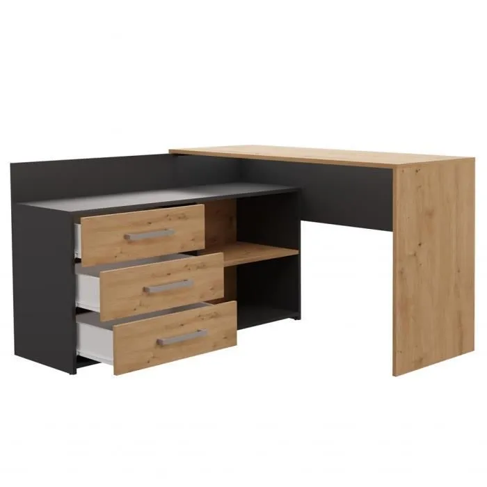 MOLINE - Bureau d'angle avec rangement - 3 tiroirs + 2 etagères - 120x50x76 cm - Bureau d'ordinateur-1
