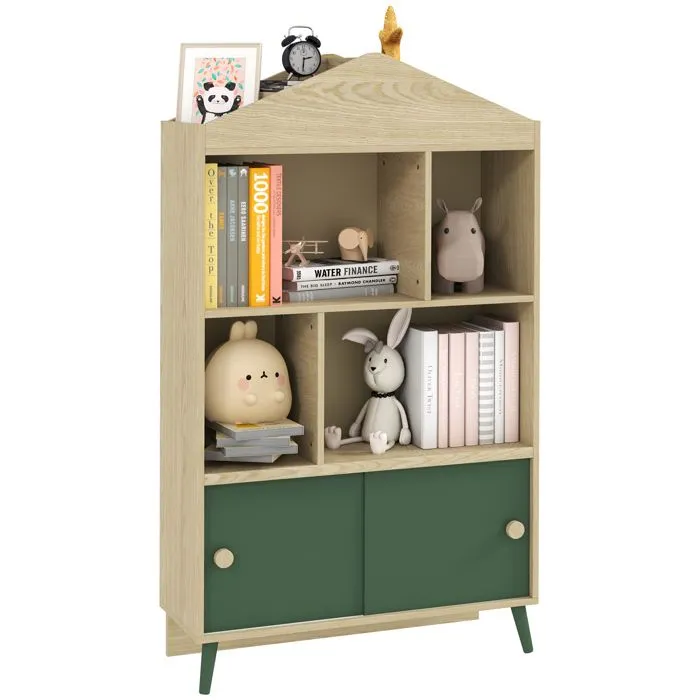 Bibliothèque et meuble de rangement - AIYAPLAY - jouets pour enfants, 4 étagères et placard porte coulissante, design - vert-0