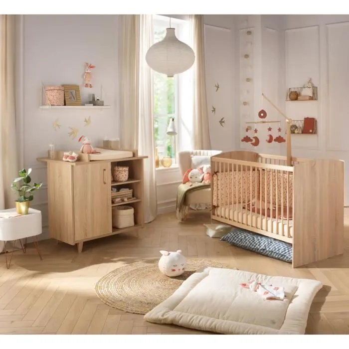 Chambre duo bébé - SAUTHON - Sam Chêne doré - Lit bébé 120 x 60 cm et commode à langer-0