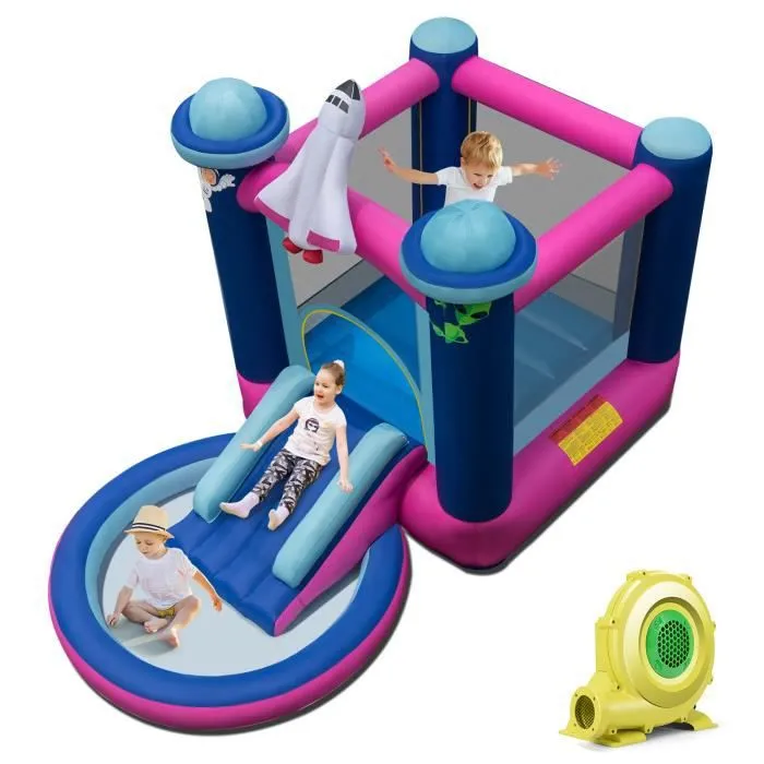 COSTWAY Toboggan Aquatique Gonflable Thème de l'Espace avec Gonfleur 480 W Piscine à Eclaboussures,Toboggan Sac de Transport,Piquets-0