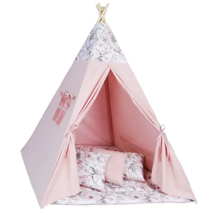 Tente Tipi Enfant avec Tapis - AMAZINGGIRL - Modèle 4 - Rose - Coton - 109x130x140cm-0