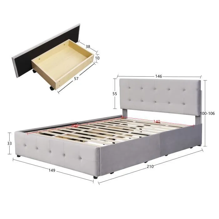 Lit double adulte 140x200cm avec tiroir, sommier à lattes et dossier, tissu velours doux pour la peau, Gris (sans matelas)-3