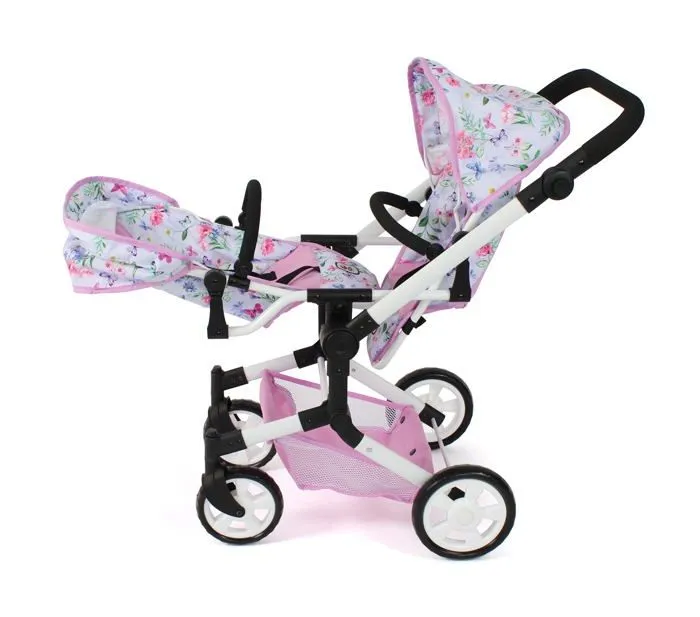 Bayer chic - 690-53 - 2000 - Poussette de poupee Linus Duo, Landau jumeau pour Enfants de 4 a 8 Ans, Fleurs, Rose-2