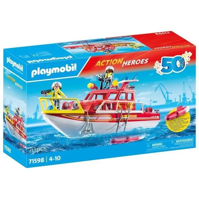 PLAYMOBIL 71598 Bateau de sauvetage et pompiers, Les pompiers, Action Heros, Dès 4 ans-5