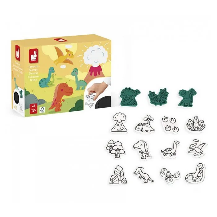 Tampons en Mousse Dinosaures - Janod - 15 Tampons et 1 Encrier - Loisirs Créatifs Enfant - Jaune-2