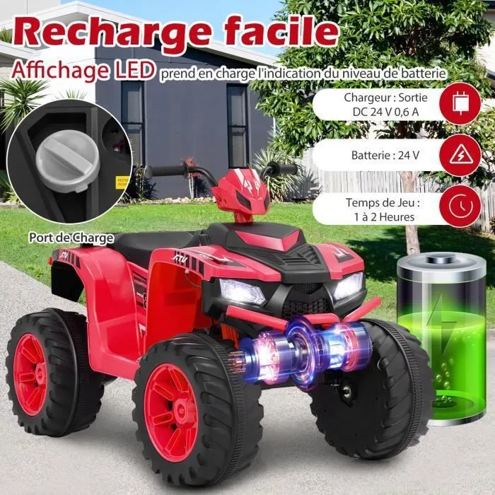 COSTWAY Quad Électrique 24V pour Enfants, avec LED, Musique, Radio, Démarrage en Douceur, pour Différents Terrains, 3 à 8 Ans, Rouge-2