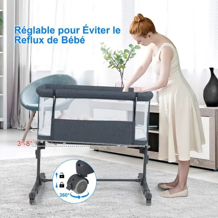 COSTWAY Lit Cododo Bébé avec Matelas-5 Hauteurs Réglables-Charge 9KG-Lit Berceau Maille Respirante-Sac de Voyage-0-6 Mois-Gris-1