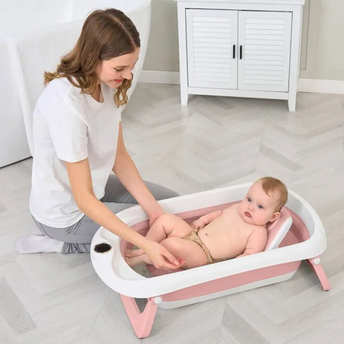 Baignoire bébé pliable - Thermomètre et transat inclus - LEAF - Pink | SUPERBE BEBE-5