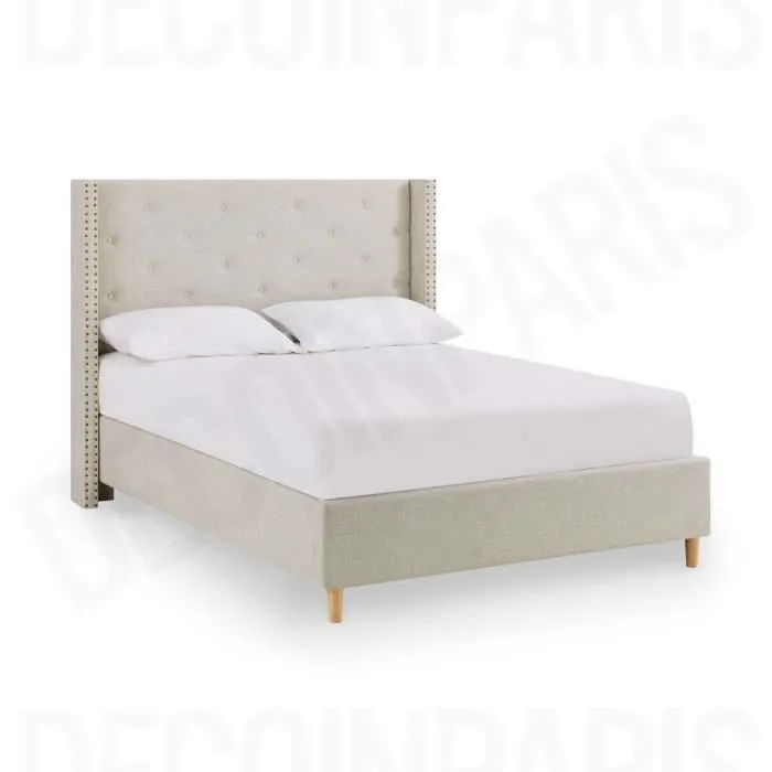 Lit double - SUSAN - 140x190 cm - Tissu capitonné taupe - Style baroque moderne-1