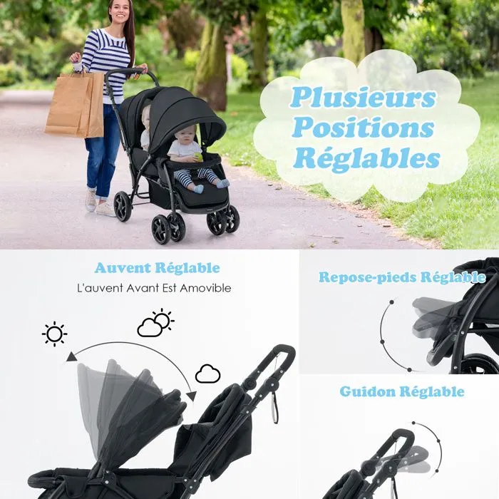 COSTWAY Poussette Jumelle Pliable Double Bébé Auvent Capote Réglable Canne Landau 4 Roues Anti-chocs Harnais à 5 Points-30kg-Noir-1