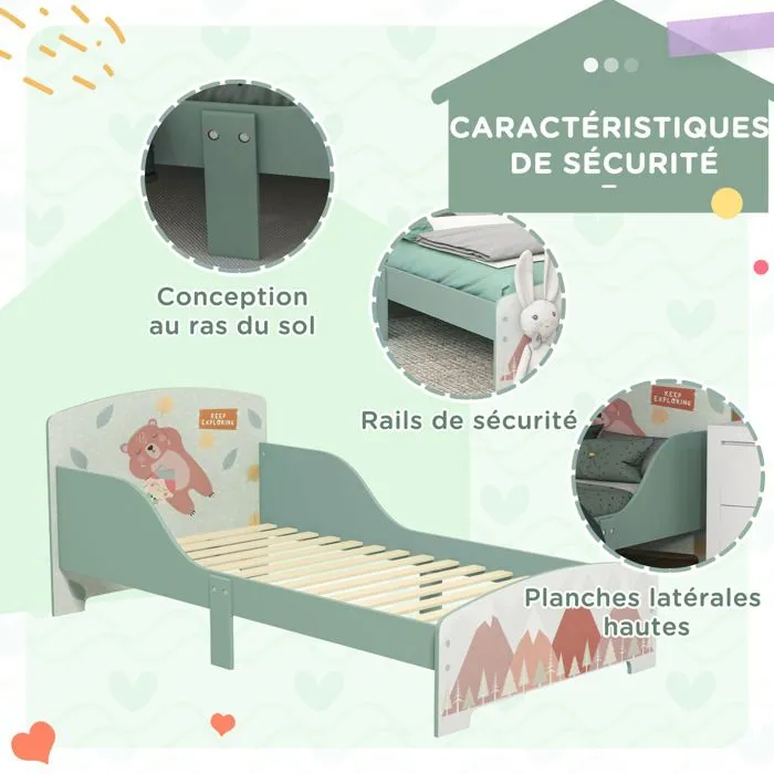 Lit pour enfant ZONEKIZ 3-6 ans avec barrières de sécurité et motifs dim. 77 x 143 x 60 cm sommier à lattes inclus - Vert-5