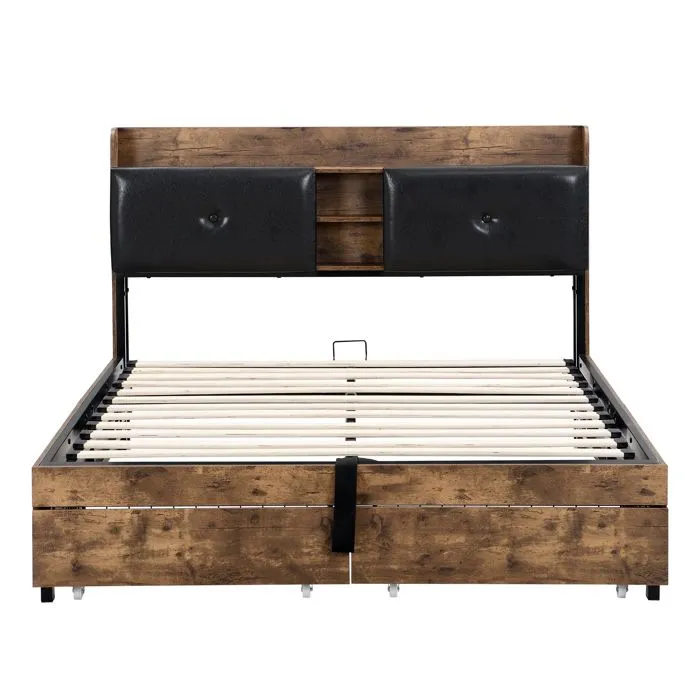 Lit coffre - Naturel foncé & Noir - 140x200 cm - Tiroirs avec roulettes - Tête de rangement-1