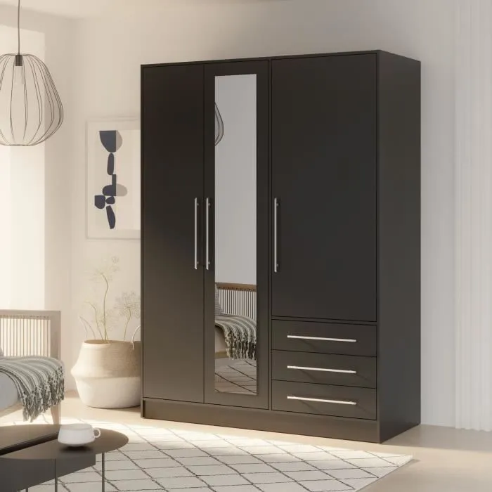Armoire 3 portes battantes avec miroir + 3 tiroirs - Bois aggloméré - Noir - L 144,6 x P 60 x H 200 cm - JUPITER-0