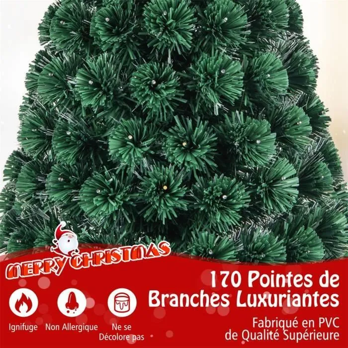 COSTWAY Sapin de Noël Artificiel de 150cm, avec Lumineux 170 LED, 8 Modes d'Éclairage, Étoile Lumineuse au Sommet, Fibres Optiques-2